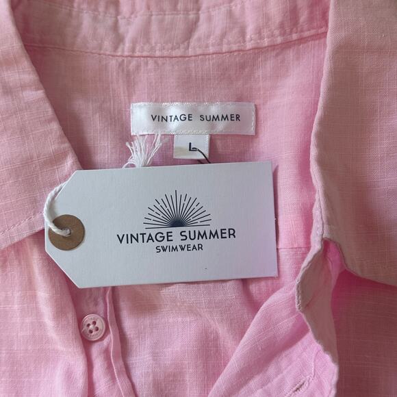 VINTAGE SUMMER SWIMWEAR COTTON BUTTON UP COLLARED SHIRT IN PINK NWT SIZE LARGE‎ - Picture 8 of 10